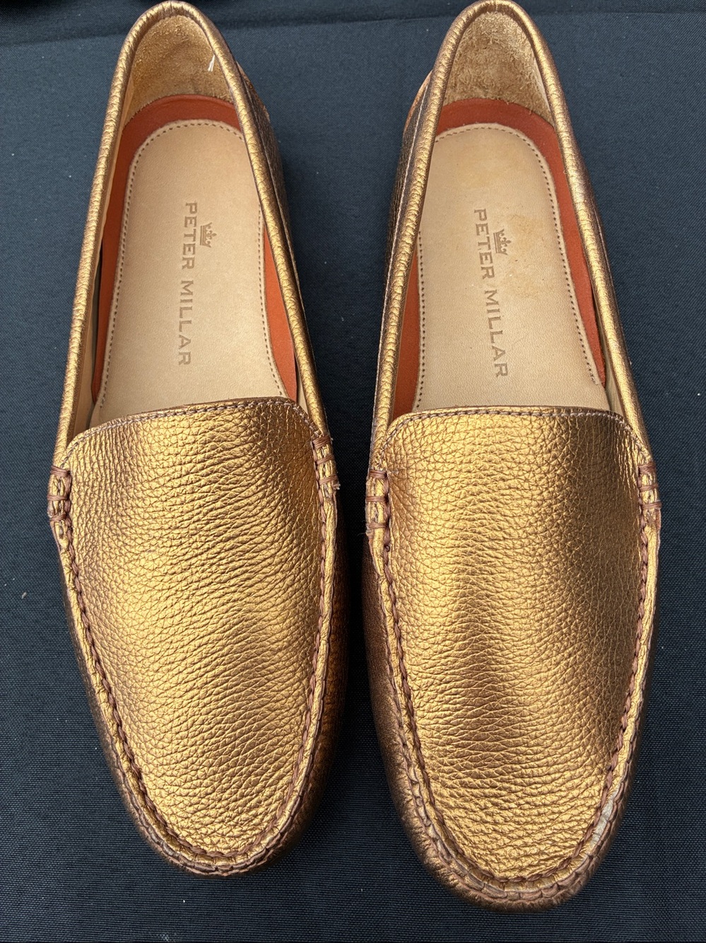 Peter Millar bronze metallic pebble grain driving moccasins. New. Perfect. Sz 9.